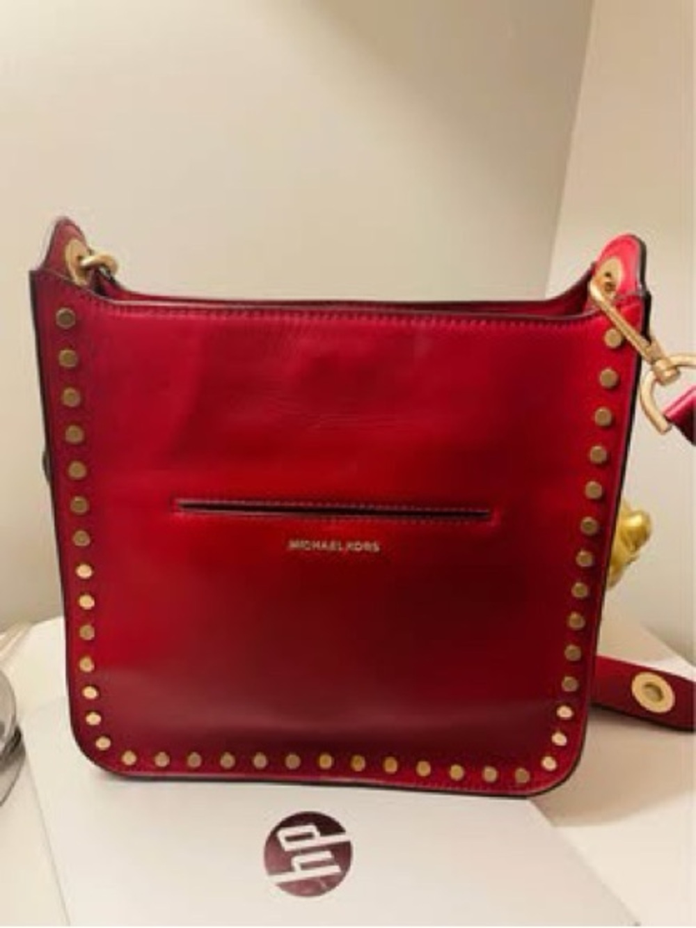 Michael Kors Red Leather Crossbody with Gold Stud Trim